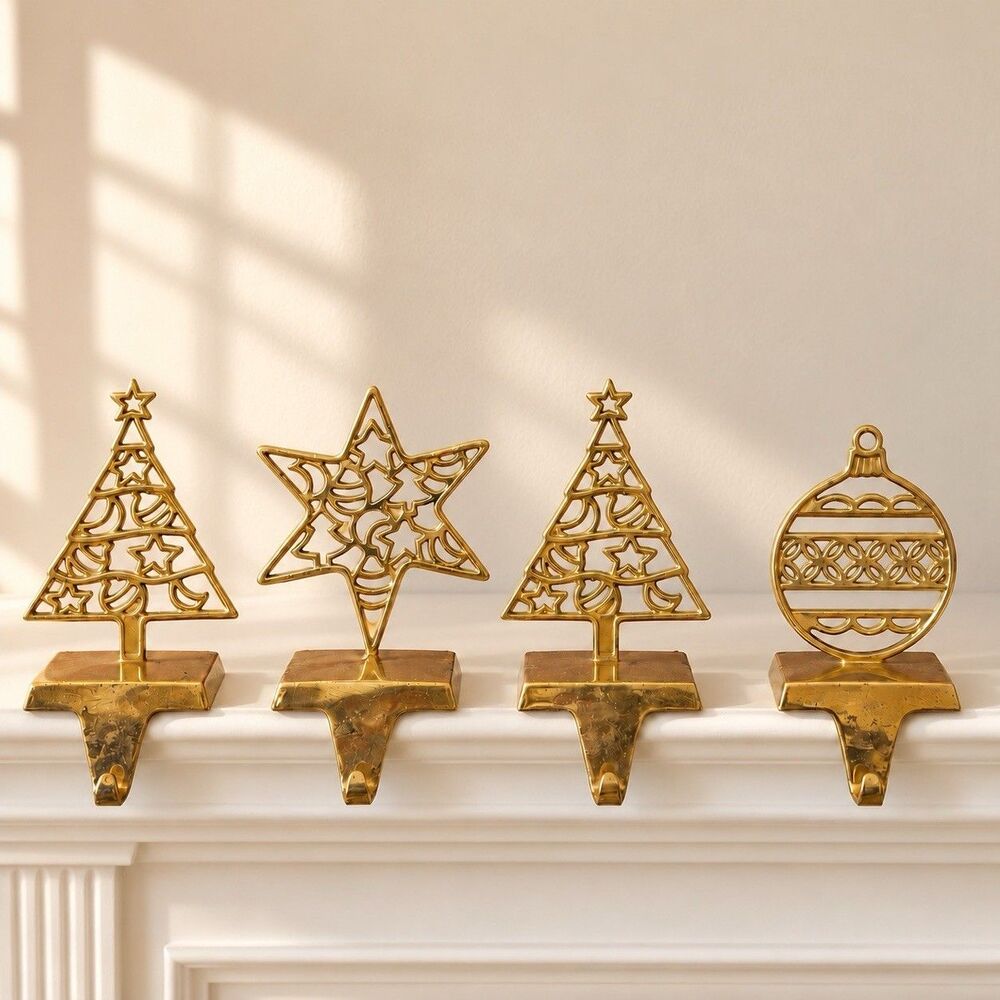Eddie Bauer Home Brass Gold Christmas Stocking Hangers Set of 4 Tree 9 in